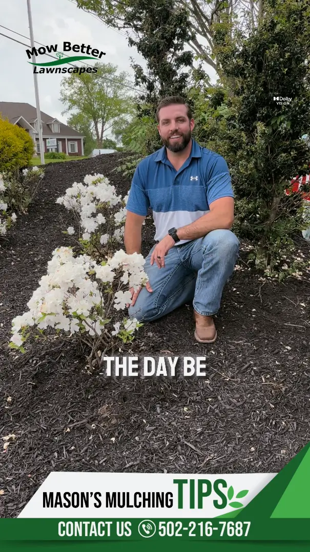 Mason Carpenter crouching next to white flowers in a mulch bed